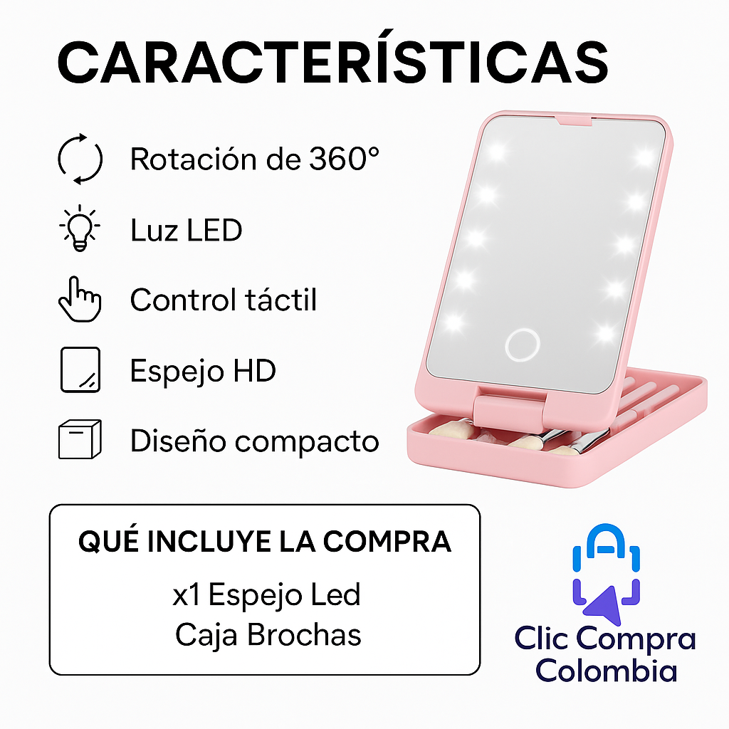 💄✨ Espejo de Maquillaje LED con Porta Brochas