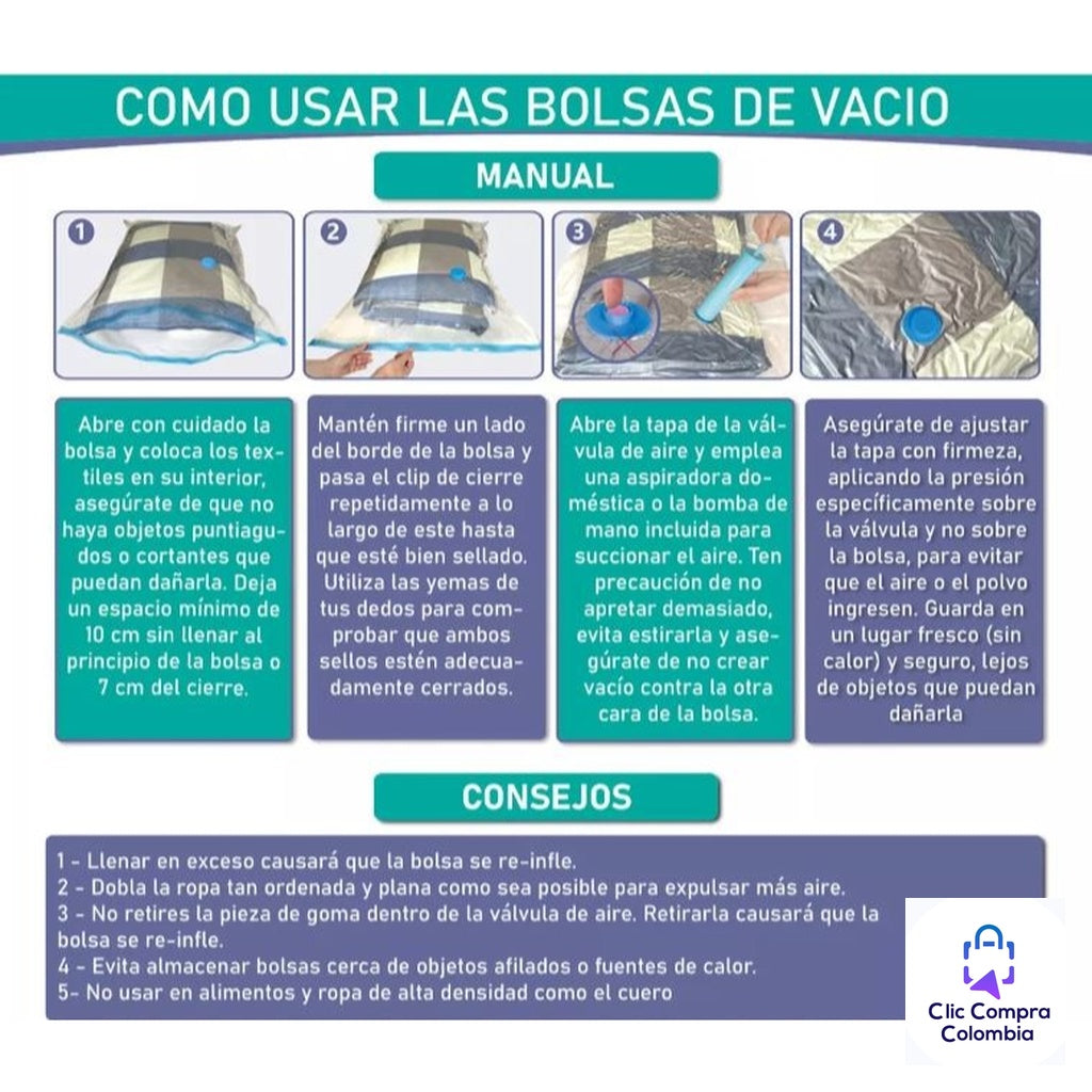 📦 Set de 5 Bolsas de Empaque al VacĂo + Bomba Manual – ¡Ahorra espacio y protege tu ropa!
