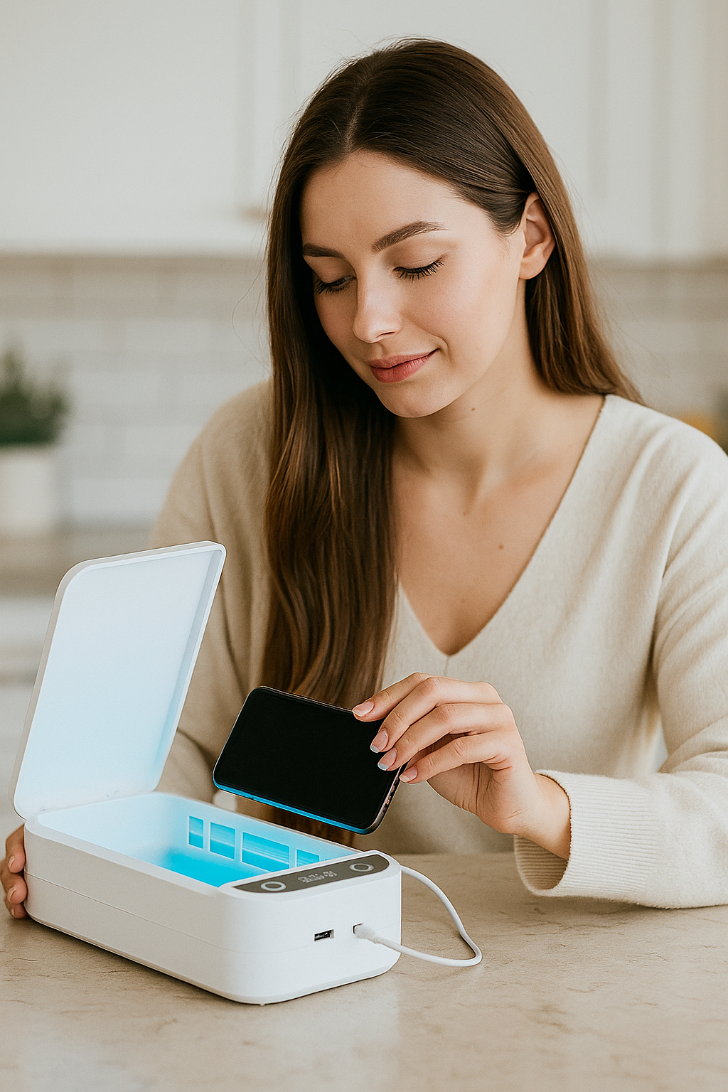 🔒✨Caja esterilizadora multifunción con luz UV y aromaterapia – ¡Desinfecta, perfuma y protege lo que más usas!